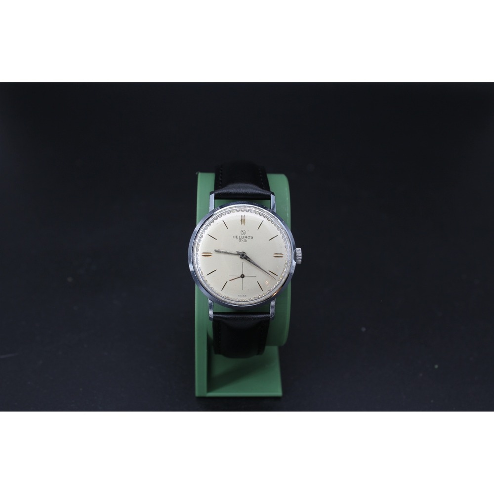 Vintage Helbros Swiss Manual Wind Watch Sub Seconds New Crystal Leather